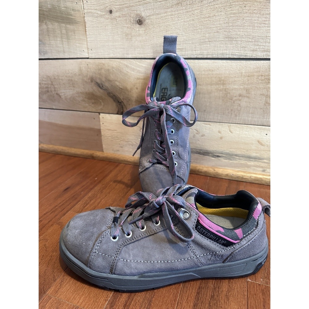 CATERPILLAR Ergo Womens Sz 9 Steel Toe Work Shoes‎ P90397 Leather Gray & Pink